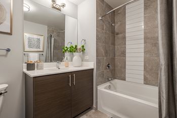 a bathroom with a sink and a shower and a bath tub